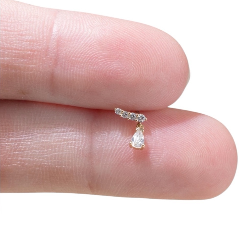 18G 14k Solid Yellow Gold Dangle Teardrop Stud Vertical Bar Threadless - Picture 2 of 4